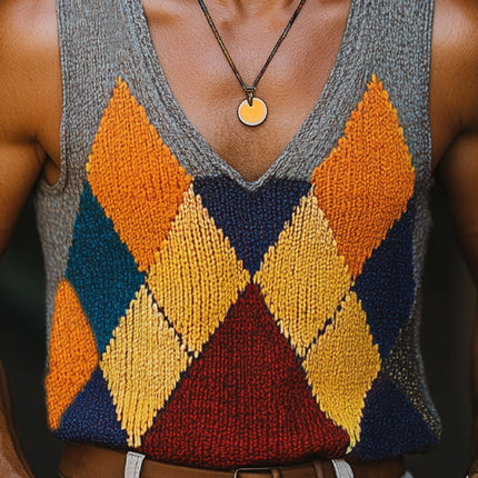 Men's Knitted Tank Top | Diamond Colorblock Design | Summer Fashion | Breathable High-Quality Fabric | Stylish & Vibrant | Relaxed Fit | Fashionable Casual & Evening Wear