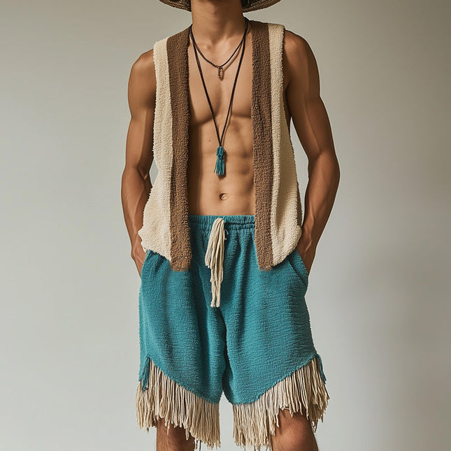 Men's Towel Cloth Tassel Set | Sleeveless Top & Shorts | Trendy Spring Fashion | Casual Outfit | Soft & Breathable Material