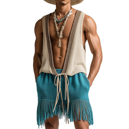 Men's Towel Cloth Shorts Set | Lace Up Sleeveless Top | Spring Fashion Activewear | Soft & Durable Material | Casual Beach Wear | Relaxed Fit | Comfort & Style | Versatile Outfit