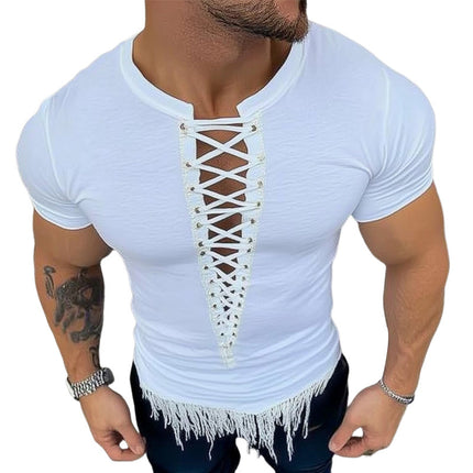 Men's Lace-Up Tassel T-Shirt | Short-Sleeve Summer Fashion | Lightweight & Breathable | Casual Wardrobe Essential | Multiple Sizes S-3XL | Trendy & Unique Design