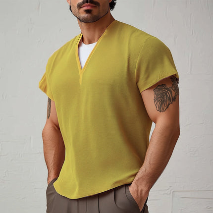 Men's V-Neck Textured Cotton T-Shirt | Short Sleeve Summer Tee | Casual Regular Fit | Breathable Fabric | Stylish Men's Top for Warm Weather | Versatile Wardrobe Essential