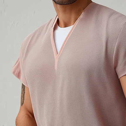 Men's V-Neck Textured Cotton T-Shirt | Short Sleeve Summer Tee | Casual Regular Fit | Breathable Fabric | Stylish Men's Top for Warm Weather | Versatile Wardrobe Essential
