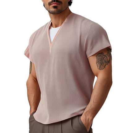 Men's V-Neck Textured Cotton T-Shirt | Short Sleeve Summer Tee | Casual Regular Fit | Breathable Fabric | Stylish Men's Top for Warm Weather | Versatile Wardrobe Essential