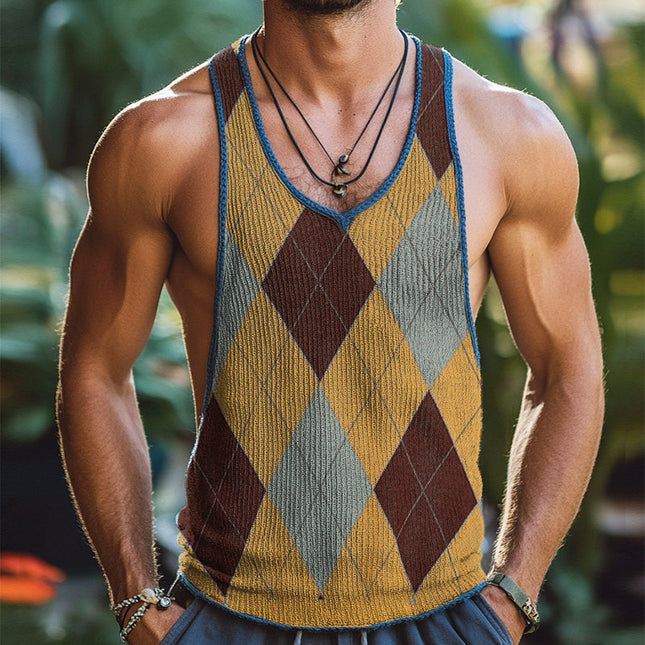 Men's Sleeveless Crew Neck Tank Top | Vintage Diamond Knit Design | Soft Cotton Polyester Blend | Breathable Comfortable Fit | Classic Men's Fashion | Sizes S-3XL | Timeless Casual Summer Wear