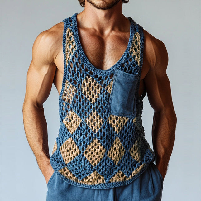Men's Crew Neck Tank Top | Vintage Diamond Knit Pattern | Sleeveless | Comfortable Cotton Blend | Breathable Summer Layer | Versatile Casual Style | Sizes S-3XL | Timeless Charm