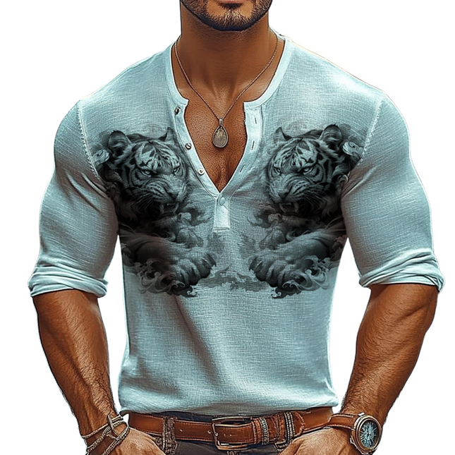 Men's Long Sleeve T-Shirt | Tiger Print | Henley Neck | Casual & Comfortable Top | Soft Breathable Fabric | Bold & Eye-Catching Design | Versatile for Various Occasions | Stylish Fit