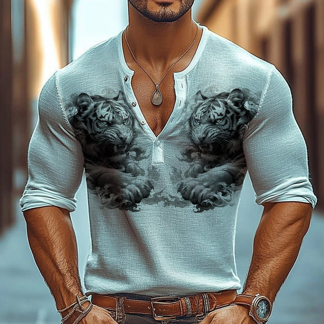 Men's Long Sleeve T-Shirt | Tiger Print | Henley Neck | Casual & Comfortable Top | Soft Breathable Fabric | Bold & Eye-Catching Design | Versatile for Various Occasions | Stylish Fit