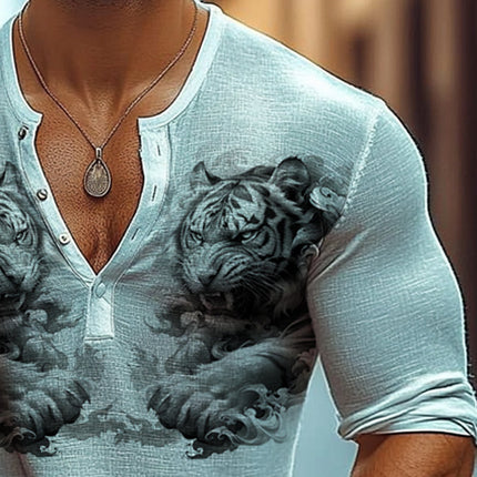 Men's Long Sleeve T-Shirt | Tiger Print | Henley Neck | Casual & Comfortable Top | Soft Breathable Fabric | Bold & Eye-Catching Design | Versatile for Various Occasions | Stylish Fit