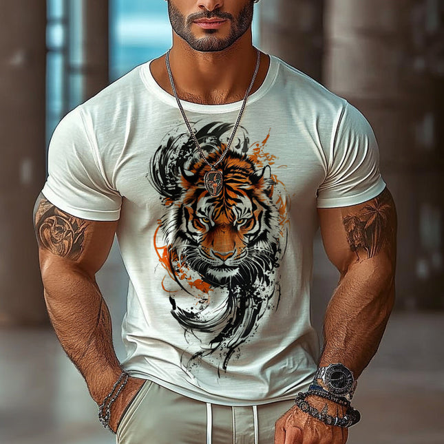Men's T-Shirt | Tiger Print | Round Neck | Short Sleeve | Casual Style | Soft Breathable Fabric | Versatile Fit | Durable Print | Bold Design | Urban Fashion | Comfortable and Stylish