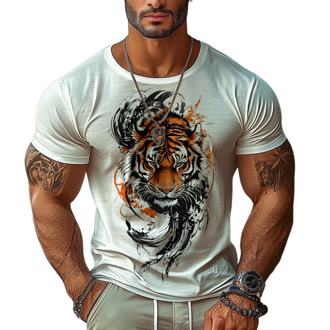 Men's T-Shirt | Tiger Print | Round Neck | Short Sleeve | Casual Style | Soft Breathable Fabric | Versatile Fit | Durable Print | Bold Design | Urban Fashion | Comfortable and Stylish