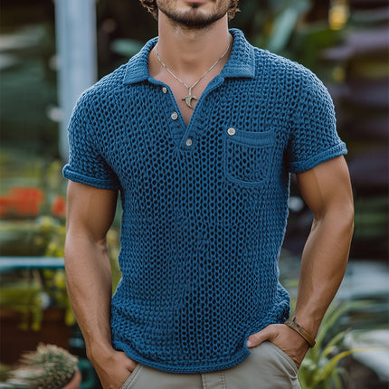 Men's Vintage Style Knitted Polo Shirt | Short Sleeved | Solid Color | Pocket Detail | Casual Classic | Soft Breathable Fabric | Sizes S-3XL | Ideal for Weekend Gatherings | Spring Summer Wardrobe Essential
