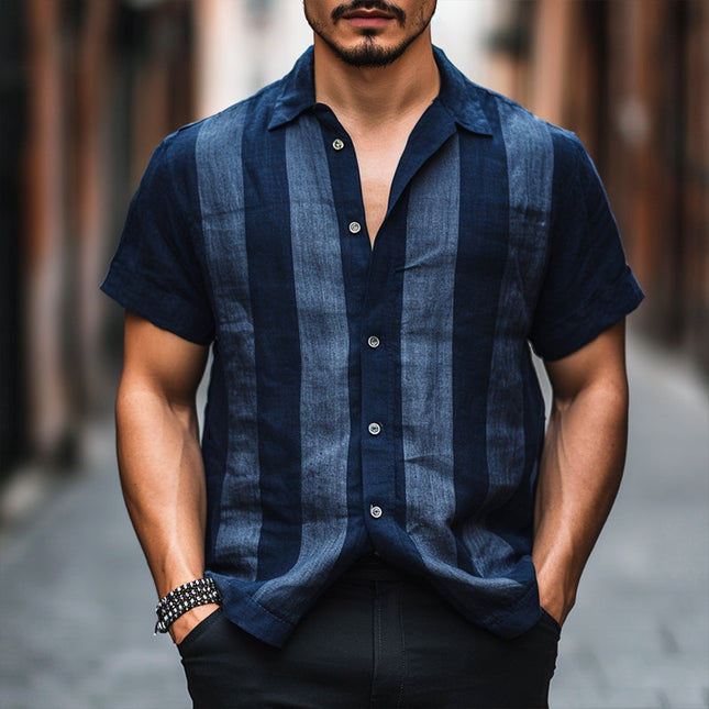 Men's Retro Stripe Print Short Sleeve Linen Shirt | Vintage Lapel Collar | Breathable Casual Wear | Versatile Pattern | Summer Lightweight Fabric | Stylish Relaxed Fit