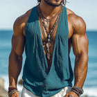 Men's Deep V-Neck Tank Top | Cotton Linen Blend Summer Shirt | Breathable Lightweight Sleeveless Top | Casual Semi-Formal Wear | Fashionable Tailored Fit