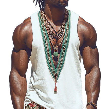 Men's Summer Tank Top | Deep V Neck | Retro Embroidered | Casual Sleeveless Shirt | Lightweight | Breathable Fabric | Versatile Style | Vintage Charm | Comfortable Summer Wear