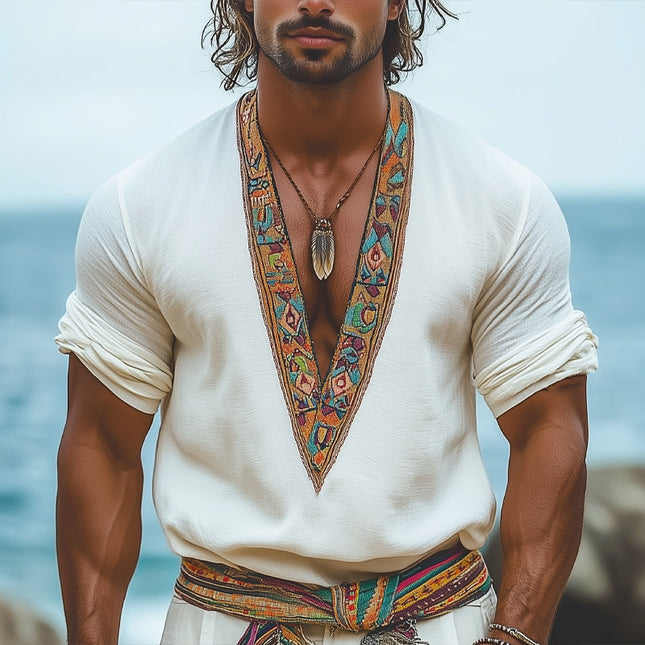 Men's V-neck Retro Embroidered Long Sleeve T-Shirt | Casual Summer Top | Comfortable Durable Fabric | Stylish Vintage Look