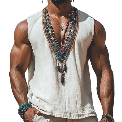 Men's Retro Deep V Neck Tank Top | Summer Cotton Linen Blend | Embroidered Design | Lightweight Breathable Fabric | Casual Stylish Top