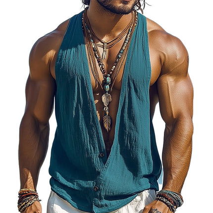 Men's Deep V-Neck Tank Top | Cotton Linen Blend Summer Shirt | Breathable Lightweight Sleeveless Top | Casual Semi-Formal Wear | Fashionable Tailored Fit
