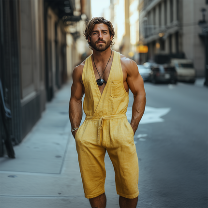Men's Cotton Linen Jumpsuit | Deep V-Neck Tank Top | Knee-Length Shorts | Breathable Spring Summer Casual Wear | Stylish Versatile Outfit | Fashionable One-Piece | Durable Easy Care