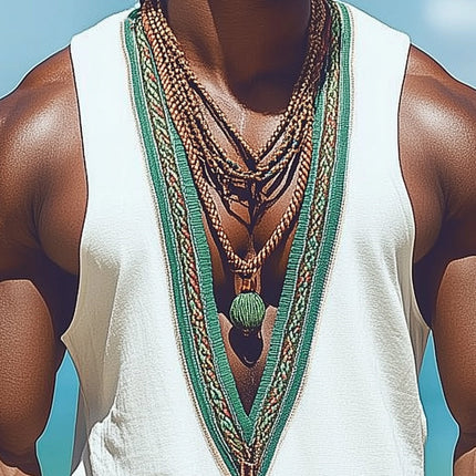 Men's Summer Tank Top | Deep V Neck | Retro Embroidered | Casual Sleeveless Shirt | Lightweight | Breathable Fabric | Versatile Style | Vintage Charm | Comfortable Summer Wear