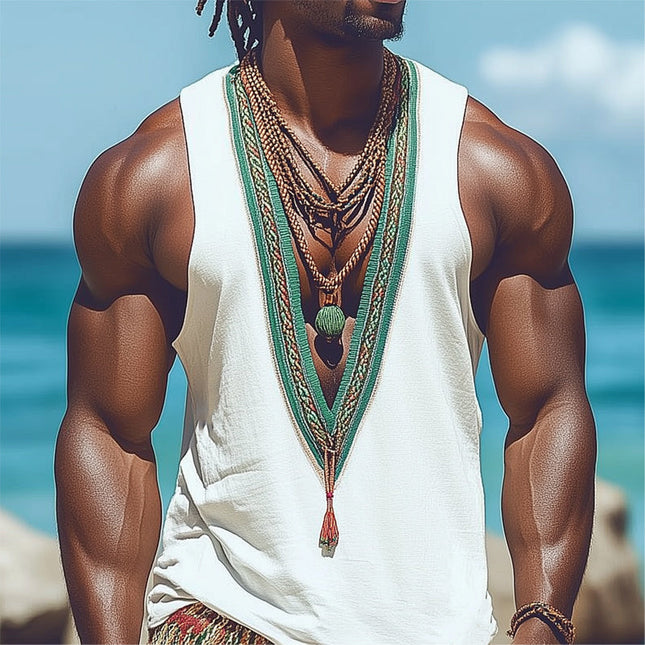 Men's Summer Tank Top | Deep V Neck | Retro Embroidered | Casual Sleeveless Shirt | Lightweight | Breathable Fabric | Versatile Style | Vintage Charm | Comfortable Summer Wear