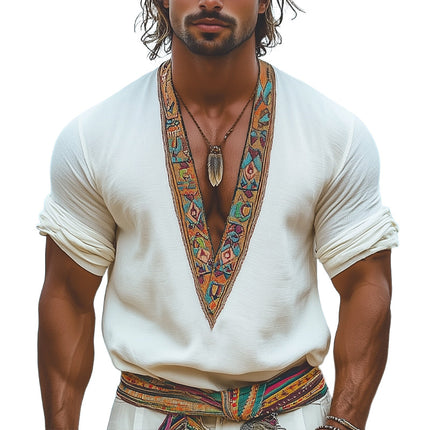 Men's V-neck Retro Embroidered Long Sleeve T-Shirt | Casual Summer Top | Comfortable Durable Fabric | Stylish Vintage Look