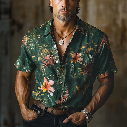 Men's Retro Print Shirt | Spring Cotton Linen Blend | Short Sleeve Casual Top | Lightweight Breathable Fabric | Vintage Style | Comfortable Versatile Fit | Ideal for Warm Weather