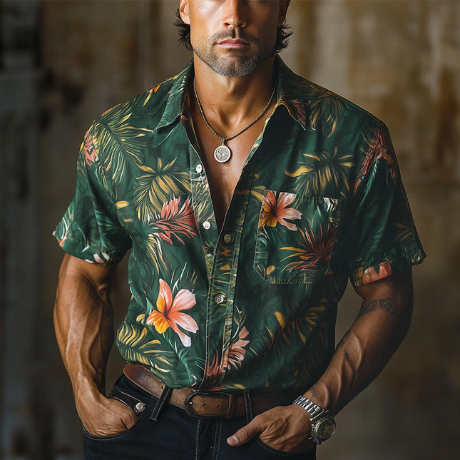 Men's Retro Print Shirt | Spring Cotton Linen Blend | Short Sleeve Casual Top | Lightweight Breathable Fabric | Vintage Style | Comfortable Versatile Fit | Ideal for Warm Weather