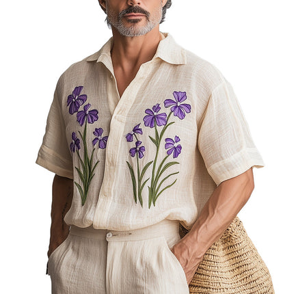 Men's Embroidered Cotton Linen Shirt | Retro Short Sleeve | Vintage Style | Breathable Material | Spring Fashion | Casual Wear | Relaxed Fit | Comfortable and Durable