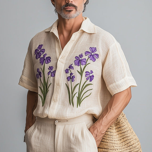 Men's Embroidered Cotton Linen Shirt | Retro Short Sleeve | Vintage Style | Breathable Material | Spring Fashion | Casual Wear | Relaxed Fit | Comfortable and Durable