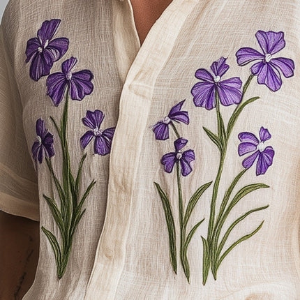 Men's Embroidered Cotton Linen Shirt | Retro Short Sleeve | Vintage Style | Breathable Material | Spring Fashion | Casual Wear | Relaxed Fit | Comfortable and Durable