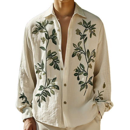 Men's Leaf Embroidered Long Sleeve Shirt | Spring Fashion Casual Sportswear | Elegant Nature-Inspired Design | Versatile Soft Fabric | Semi-Formal & Casual Attire | High-Quality Comfortable Wear