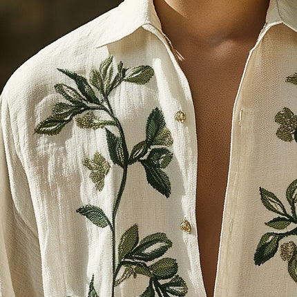 Men's Leaf Embroidered Long Sleeve Shirt | Spring Fashion Casual Sportswear | Elegant Nature-Inspired Design | Versatile Soft Fabric | Semi-Formal & Casual Attire | High-Quality Comfortable Wear