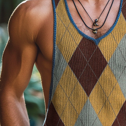 Men's Sleeveless Crew Neck Tank Top | Vintage Diamond Knit Design | Soft Cotton Polyester Blend | Breathable Comfortable Fit | Classic Men's Fashion | Sizes S-3XL | Timeless Casual Summer Wear