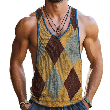 Men's Sleeveless Crew Neck Tank Top | Vintage Diamond Knit Design | Soft Cotton Polyester Blend | Breathable Comfortable Fit | Classic Men's Fashion | Sizes S-3XL | Timeless Casual Summer Wear