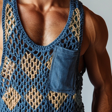 Men's Crew Neck Tank Top | Vintage Diamond Knit Pattern | Sleeveless | Comfortable Cotton Blend | Breathable Summer Layer | Versatile Casual Style | Sizes S-3XL | Timeless Charm