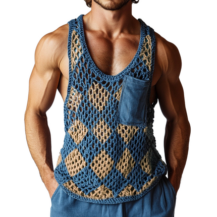 Men's Crew Neck Tank Top | Vintage Diamond Knit Pattern | Sleeveless | Comfortable Cotton Blend | Breathable Summer Layer | Versatile Casual Style | Sizes S-3XL | Timeless Charm
