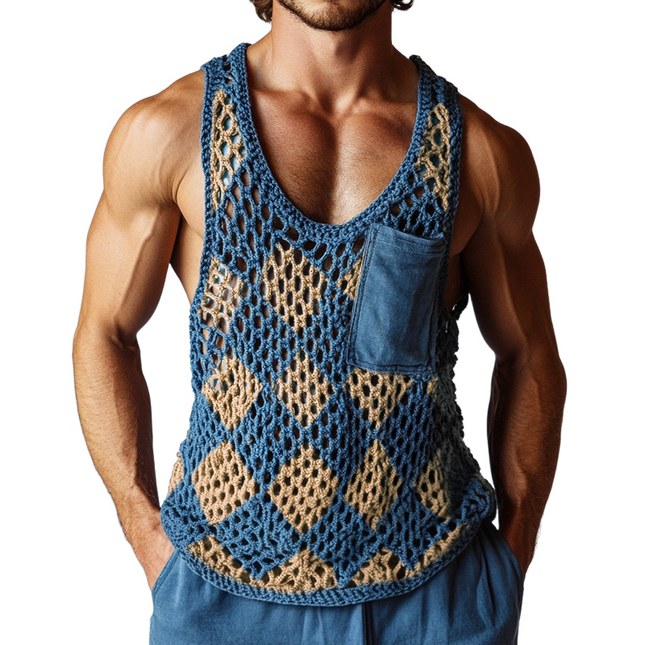 Men's Crew Neck Tank Top | Vintage Diamond Knit Pattern | Sleeveless | Comfortable Cotton Blend | Breathable Summer Layer | Versatile Casual Style | Sizes S-3XL | Timeless Charm