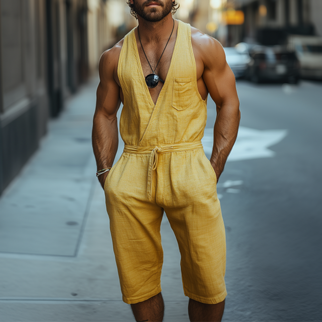 Men's Cotton Linen Jumpsuit | Deep V-Neck Tank Top | Knee-Length Shorts | Breathable Spring Summer Casual Wear | Stylish Versatile Outfit | Fashionable One-Piece | Durable Easy Care