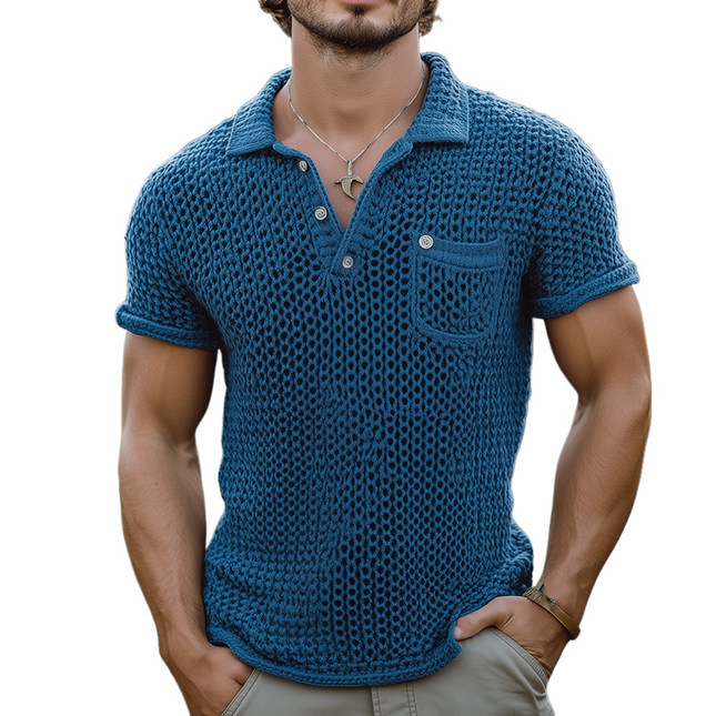 Men's Vintage Style Knitted Polo Shirt | Short Sleeved | Solid Color | Pocket Detail | Casual Classic | Soft Breathable Fabric | Sizes S-3XL | Ideal for Weekend Gatherings | Spring Summer Wardrobe Essential