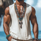 Men's Retro Deep V Neck Tank Top | Summer Cotton Linen Blend | Embroidered Design | Lightweight Breathable Fabric | Casual Stylish Top