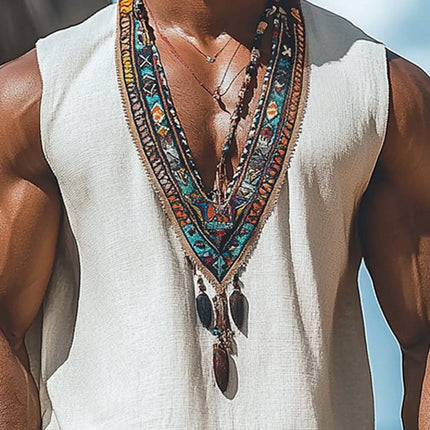 Men's Retro Deep V Neck Tank Top | Summer Cotton Linen Blend | Embroidered Design | Lightweight Breathable Fabric | Casual Stylish Top