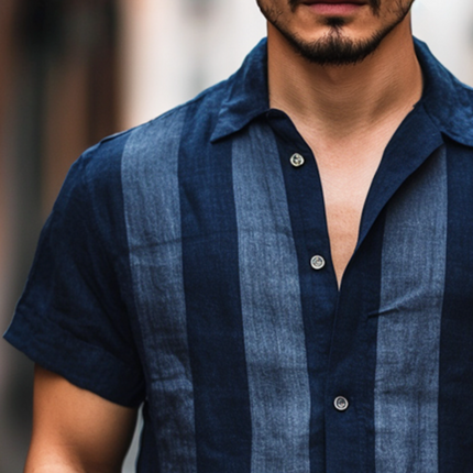 Men's Retro Stripe Print Short Sleeve Linen Shirt | Vintage Lapel Collar | Breathable Casual Wear | Versatile Pattern | Summer Lightweight Fabric | Stylish Relaxed Fit