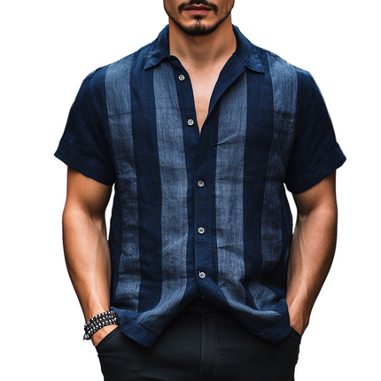 Men's Retro Stripe Print Short Sleeve Linen Shirt | Vintage Lapel Collar | Breathable Casual Wear | Versatile Pattern | Summer Lightweight Fabric | Stylish Relaxed Fit