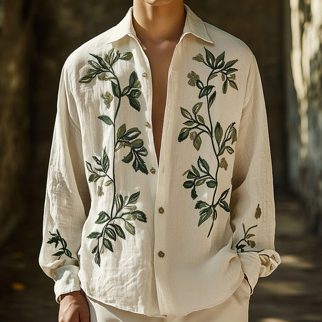 Men's Leaf Embroidered Long Sleeve Shirt | Spring Fashion Casual Sportswear | Elegant Nature-Inspired Design | Versatile Soft Fabric | Semi-Formal & Casual Attire | High-Quality Comfortable Wear