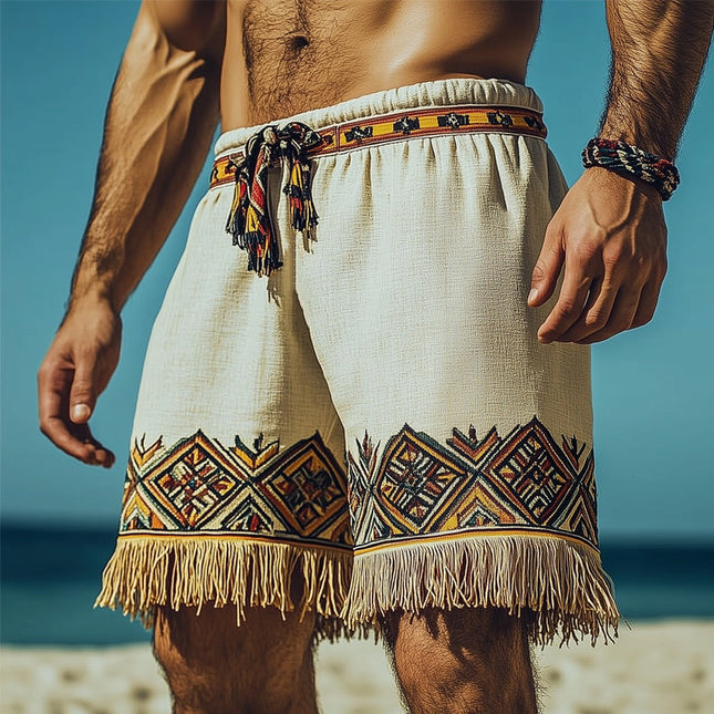 Men's Summer Shorts | Retro Ethnic Style | Printed Tassels | Lightweight Breathable Fabric | Vibrant Patterns | Relaxed Fit | Ideal for Beach Days & Festivals | Sizes S-3XL