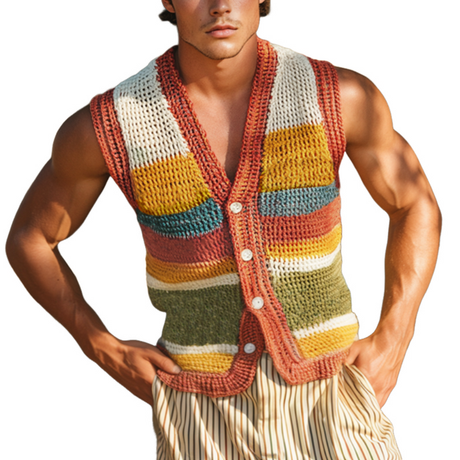 Men's Knitted Vest | Deep V-Neck | Colorful Striped | Single-Breasted | Soft Comfortable Fabric | Casual Fashion | Versatile Style | Perfect for Summer | Ideal Layering Piece