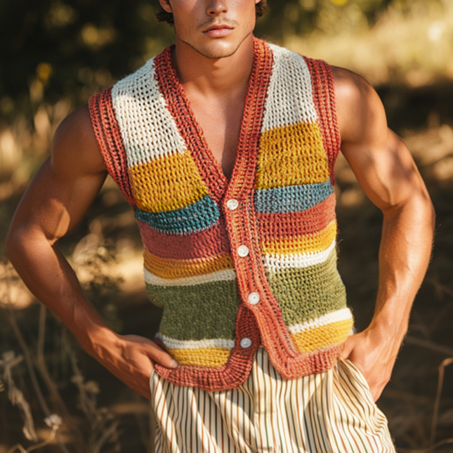 Men's Knitted Vest | Deep V-Neck | Colorful Striped | Single-Breasted | Soft Comfortable Fabric | Casual Fashion | Versatile Style | Perfect for Summer | Ideal Layering Piece