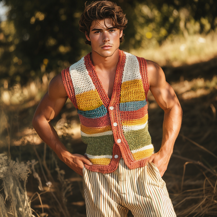 Men's Knitted Vest | Deep V-Neck | Colorful Striped | Single-Breasted | Soft Comfortable Fabric | Casual Fashion | Versatile Style | Perfect for Summer | Ideal Layering Piece