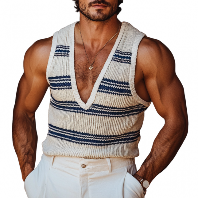 Men's Striped Deep V Neck Tank Top | Knitted Summer Beachwear | Casual Relaxed Fit | Breathable Vacation Shirt | Soft Lightweight Fabric | Vibrant Color Options | Versatile Styling for Beach or Casual Outings