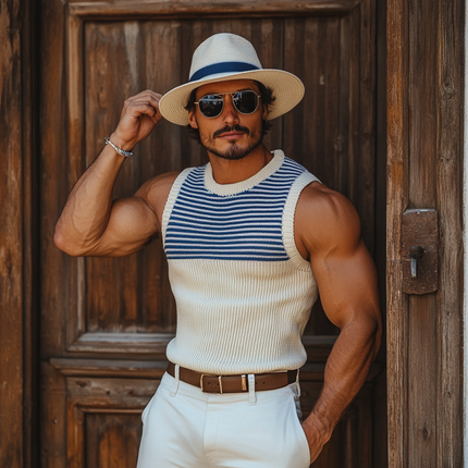 Men's Slim Fit Tank Top | Casual Round Neck | Navy Striped Knit | Breathable Comfort | Versatile Summer Essential | Stylish | High Quality Fabric | Easy Care | Multiple Sizes | Beach | Outing | Relaxed Fit